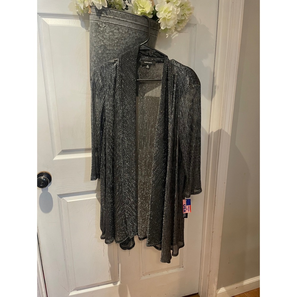 VTG R&M Richards Black Silver Metallic Open Front Cardigan Duster Size 16 NWT